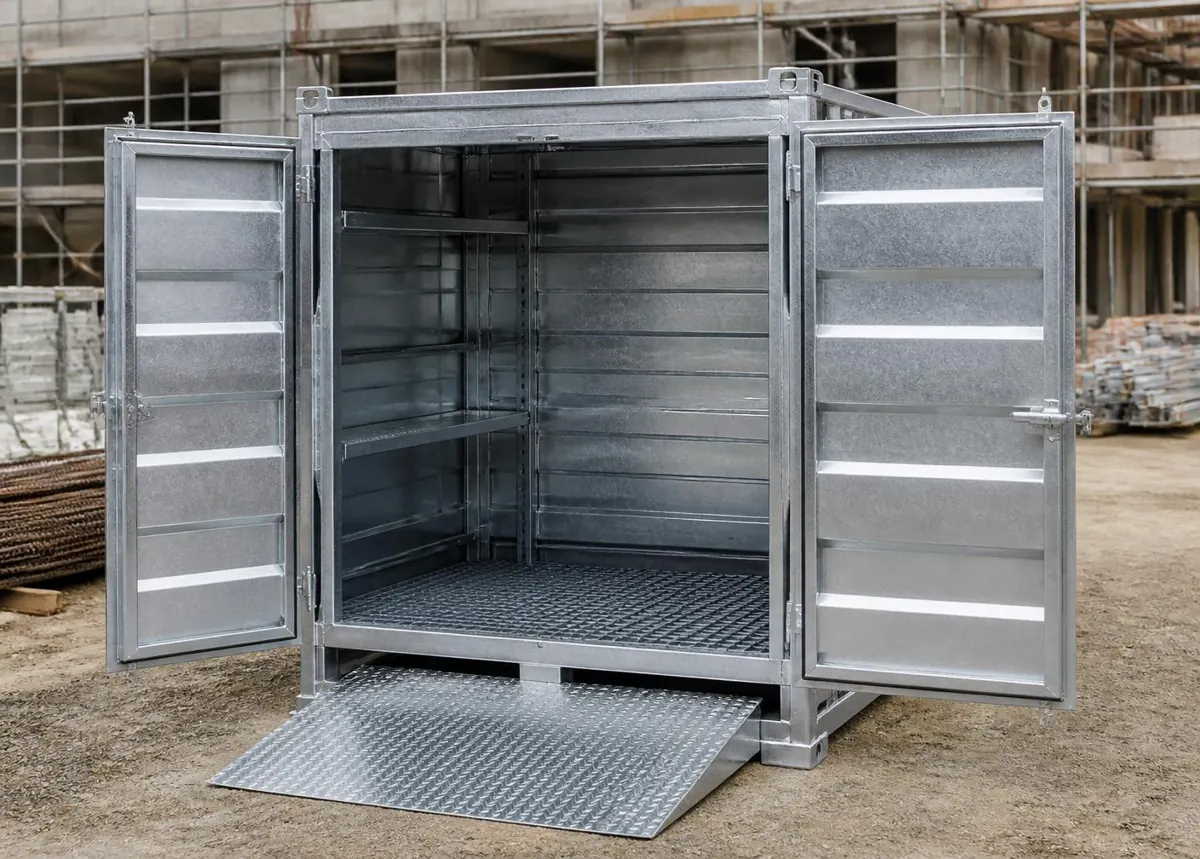 Vollverzinkter Materialcontainer mit geöffneten Türen und Auffahrrampe